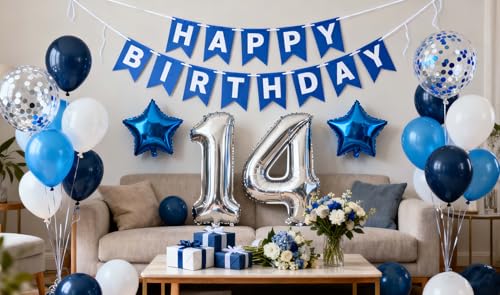 Fechy 14. Geburtstag Dekoration Junge, Geburtstagsdeko 14 Jahre Junge, 14 Geburtstag Deko, 14 Ballon Blau Deko, Luftballon 14. Geburtstag Party Deko Junge Blau, Deko 14 Geburtstag Junge
