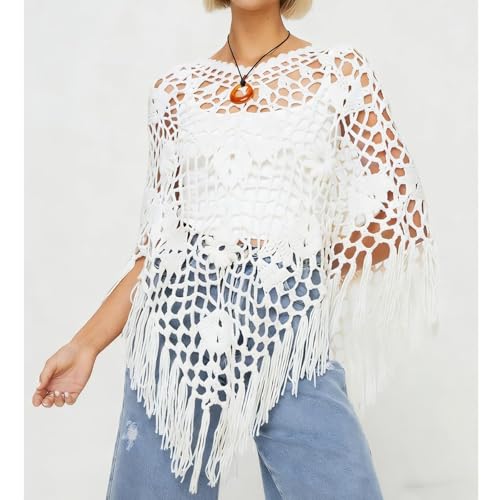 Poncho de ganchillo con diseño floral calado y acabado de flecos estilo boho casual 2