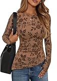 ZESICA Womens Floral Long Sleeve Shirts 2026 Spring Boat Neck Mesh Ruched Tops Fitted Asymmetrical Going Out Blouses,Khaki,X-Large