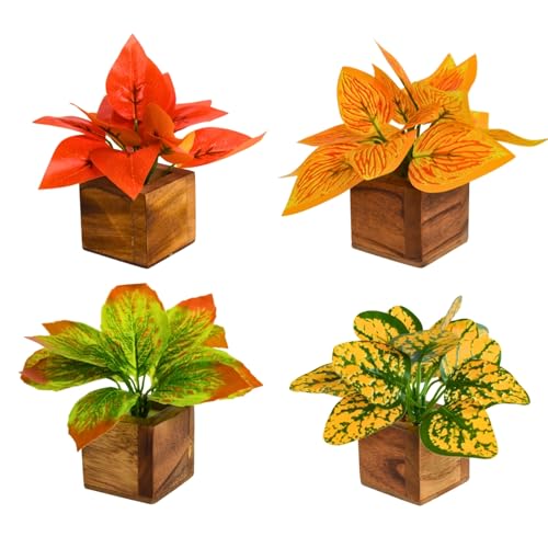 Image of DecoreBugs Artificial Leaves Potted Plants in Wooden Pot (4 Pack) Money Plant | Small Plants for Home Decor | Office Decor