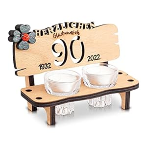 DARO Design – Schnapsbank Jahreszahl 90 Jahre Holz 2 Schnapsgläser 2 Kerzen Kleeblatt Jahrestag Geburtstag…