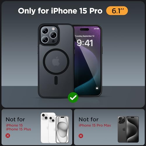 Image of Miracase Magnetic for iPhone 15 Pro Case 6.1 inch (Compatible with MagSafe)(with 2X Screen Protectors)Military-Grade Protection, Anti-Fingerprint Translucent Matte Phone Cover, Black
