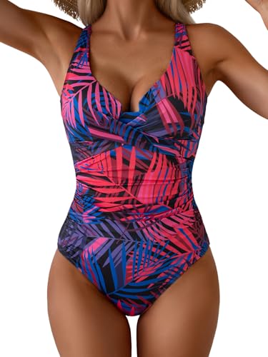 Image of B2prity Women's Underwire One Piece Swimsuit Tummy Control Ruched Bathing Suit Criss Cross V Neck Swimwear