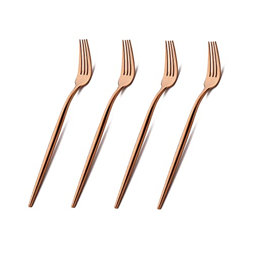 Snplowum 4pcs Classic Rose Gold Salad Fork Set, 18/10 Stainless Steel Kitchen Utensils, Elegant Design Table Flatware Mirror Polish, 7.28 inch, 1.41oz