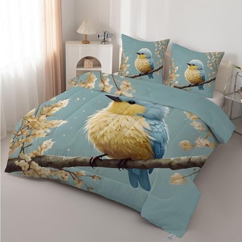 Boceoey Pájaro Azul Edredón Nórdico Cama 90 Flores - Edredón Reversible Ligero y Suave, Diseño Acuarela Dibujos Animados Relleno Nórdico 4 Estaciones 180x220 cm y 2 Fundas de Almohada AX-527