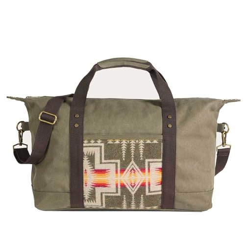 Pendleton Weekender Duffle Bag, Olive Green Waxed Cotton Canvas, Adjustable Shoulder Strap, 20x13x12 Inches, Travel Bag with Patterned Lining, Multiple Compartments