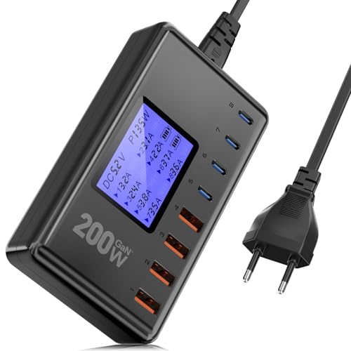 USB C Ladegerät Mehrfach 200W: 8-Port GaN USB c Netzteil Schnellladegerät mit 4 PD 30W USB-C und 4 QC 18W USB-A, USB C Charger Power Adapter für iPhone 15 14 13 Pro/Max, iPad, Samsung S24/S23