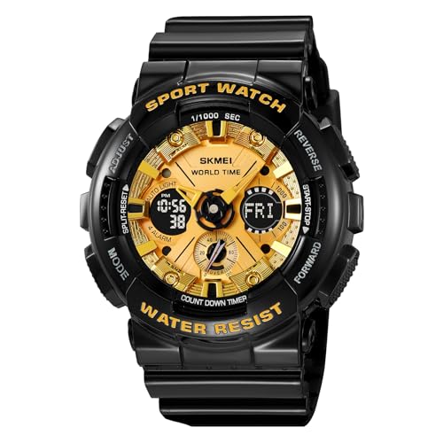 SKMEI Sport Wrist Watches for Men Analog-Digital Display Gold Dial ABS::TPU Men's TPU Black Color Stylish Band Water-Resistant & Scratch-Resistant-2118