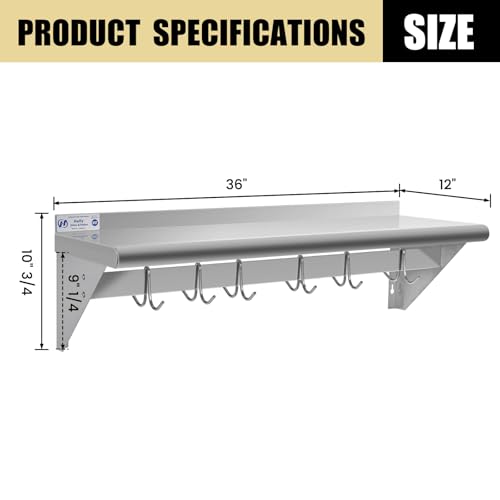 Image of Hally Stainless Steel Shelf with 6 Hooks 12 inch x 36 inch Wall Mounted Pot Rack, NSF Commercial Floating Shelving for Storage Hanging Pots, Pans, cookware in Restaurant, Kitchen, Home and Hotel