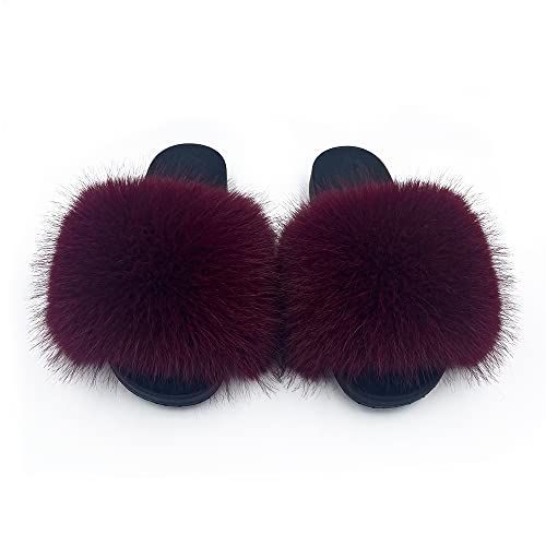 Image of Women's Faux Fur Slides Slippers Fluffy Fuzzy Sandals Open Toe Furry Slide Flip Flop Indoor Outdoor