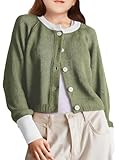 Girls Cardigan Sweater Kids Color Block School Uniforms Button Down Long Sleeve Knit Tops Tweens Winter Clothes Army Green