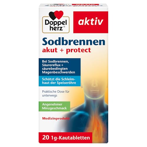 Doppelherz Sodbrennen akut + protect - Medizinprodukt bei Sodbrennen, Säurereflux + säurebedingten Magenbeschwerden - 20 Kautabletten mit Minzgeschmack