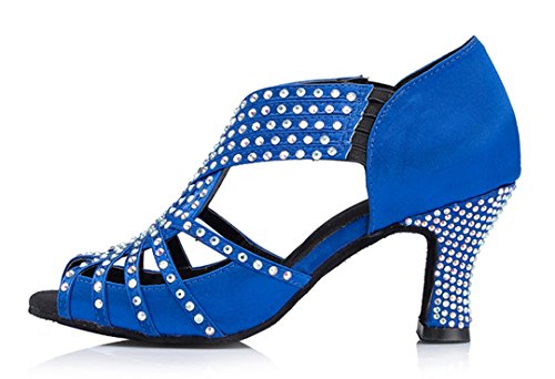 TDA Womens Zipper Mid Heel Blue Satin Crystals Latin Modern Salsa Tango Ballroom Wedding Dance Shoes 8 M US