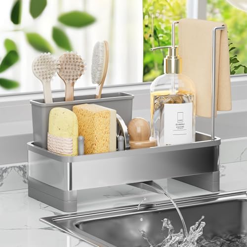 Listado de Soportes para paños de cocina Top 10. 50 Soporte para Esponja para Fregadero de Cocina con Bandeja de Drenaje, Porta Esponja para Fregadero de Acero Inoxidable con Portacepillos y Escurridor de Paño de Cocina Organizador...