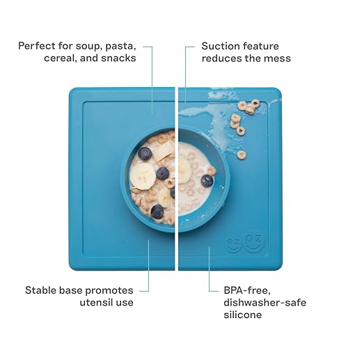 Image of ezpz Happy Bowl - 100% Silicone Suction Bowl with Built-in Placemat for Toddlers + Preschoolers - Dishwasher Safe (Blue)