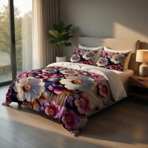 Image of 7D Printed King Size Bedsheet with 2 Pillowcases, Flower, 228x228cm