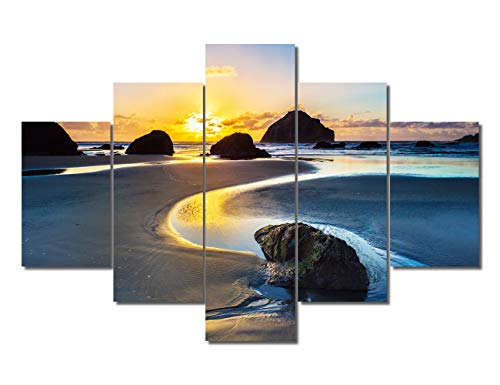 TUMOVO Sunrise Wall Art Modern Canvas Painting Picture for Home Decoration Natural Peace Ocean Beach with Rock Scene on Oregon US Five Panels Canvas Artwork for Wall Decor Ready to Hang