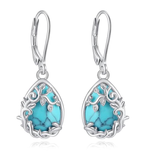 Vito S925 Sterling Silver Dangle Earrings for Women, Turquoise Moonstone Teardrop Tree of Life Filigree Leverback Earrings Dangle Earrings for Daughter Mom