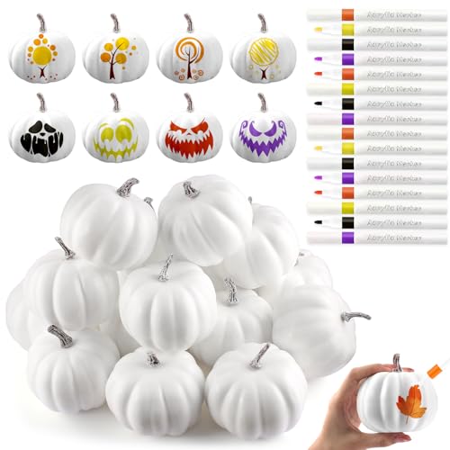 4 Inch Pumpkin Painting Craft Kit Included 32 PCS White Foam Pumpkins Fall Pumpkins to Paint Halloween Artificial Plastic Pumpkin Painting Kit Adult Fall Decor DIY Halloween Thanksgiving(32 pcs)