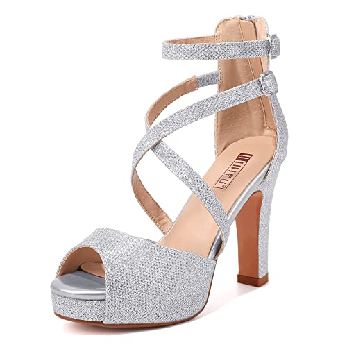 IDIFU Women's IN4 Platform Heels Strappy Chunky Heels For Women Dressy Peep Toe High Heels For Women Bridal Wedding Shoes For Bride On Evening Prom