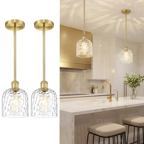 Image of zeyu Vintage Glass Hanging Lights 2 Pack, Kitchen Pendant Lights, Ceiling Hanging Light Fixtures with Clear Hammered Glass, Brushed Gold Finish, ZJF63MIL-L-2PK BG