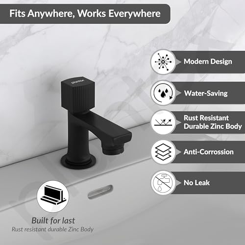 Image of Plantex Pillar Tap for Wash Basin with Water Saving Aerator and Brass Spindle /Quarter Turn Basin Tap with Teflon Tape /Pillar Cocke for Wash Basin - Pack of 1 (Black)