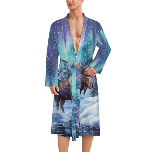 Alaskan Moose with Aurora Borealis Funny Men's Robe Soft Lightweight Bathrobe Long-sleeve Spa Robes