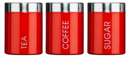 Kabalo Red Set of 3 Tea Coffee & Sugar Canisters Kitchen Storage Containers Jars Pots (10cm x 12cm each)