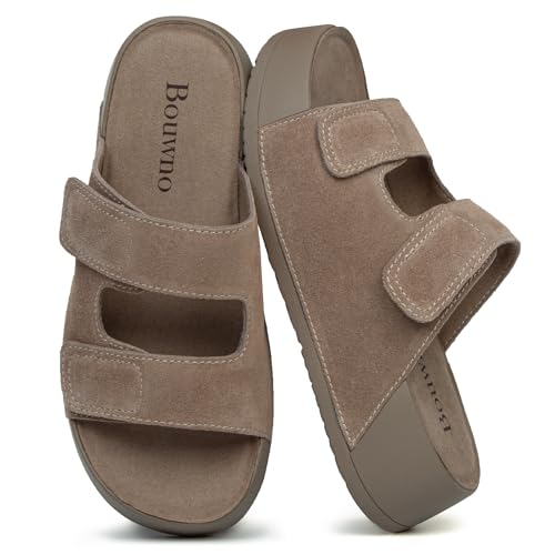 Image of Platform Sandals Women Genuine Leather Slip-on Beach Slide Buckle Comfortable Sandals with Memory Foam Soft Lining and Open Toe Low Wedges