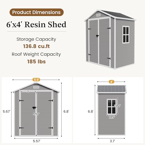 Image of UDPATIO Outdoor Resin Storage Shed 6x4 FT, Plastic Shed for Garden, Grey