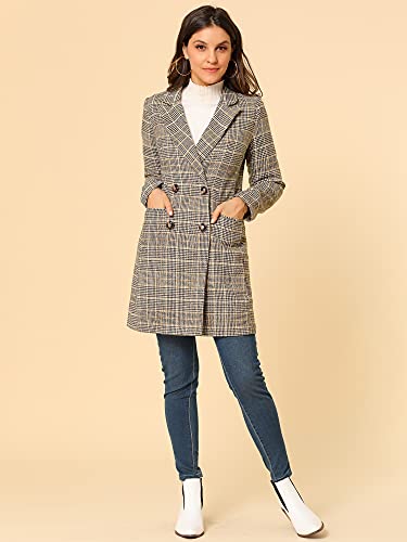 Allegra K Women's Double Breasted Notched Lapel Plaid Trench Blazer Coat2