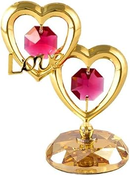 Crystocraft Double Heart Love Figurine with Crystal Base, Mini Heart Figurine Ornament with Bohemia Crystal Decorative Home Office Gift for Thanksgiving Valentines Day Birthday Christmas Gold