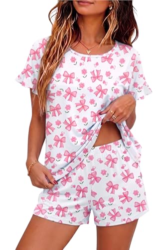 Image of Ekouaer Womens 100% Cotton Pajamas Set Ruffle Sleeves Top and Short Soft Sleepwear 2 Piece Lounge Set with Pockets