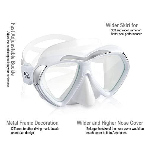 Adult Scuba Diving Mask, Anti-Fog Snorkel Goggles Tempered Glass Swim Mask Goggles with Nose Cover Professional Snorkeling Gear for Diving Snorkeling (White)