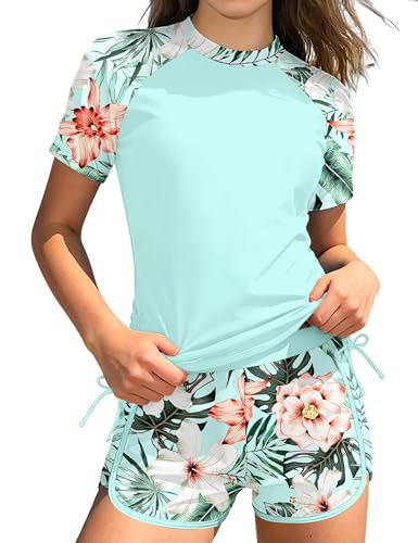Image of AGAPENG Girls Swimsuit Two Piece Short Sleeve Rash Guard Floral Print Ruched Girls Bathing Suit UPF 50+ Swimwear for 9-16Y