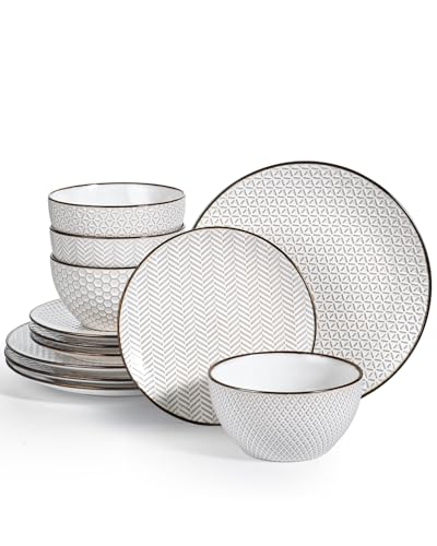 Anmula Vajilla (12 piezas): Platos, fuentes y tazones de cerámica, tazón de cereal con relieve de 768 ml, plato llano de 26,7 cm, plato para ensalada de 21,6 cm, apta para microondas y horno, blanco Anmula Vajilla (12 piezas): Platos, fuentes y tazones de cerámica, tazón de cereal con relieve de 768 ml, plato llano de 26,7 cm, plato para ensalada de 21,6 cm, apta para microondas y horno, blanco