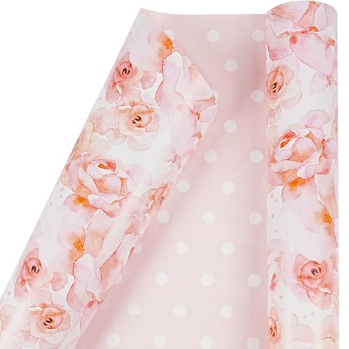 Floral Wrapping Paper Roll, Reversible Pink Wrapping Paper for Women Girls, Pink Rose White Polka Dot Design, Flower Gift Wrap Paper for Birthday Wedding Baby Shower Bridal Shower, 17Inch x 33Feet