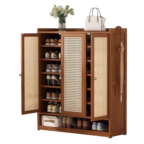 Rattan-Schuhschrank für den Eingangsbereich, Bauernhaus-Aufbewahrungsregal mit Türen und offenem Stauraum für Flur, Wohnzimmer, Schuh-Organizer