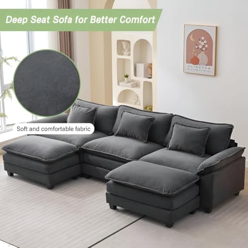 Image of Modern U Shaped Sectional Sofa, Plush Chenille Upholstery, Extra Deep Seats with Throw Pillows for Living Room Office Hotels (Dark Grey)