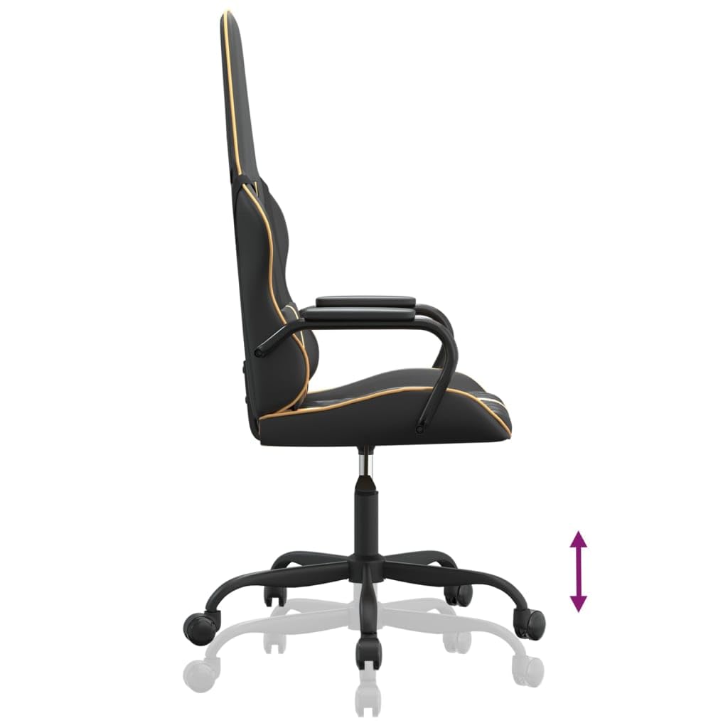 Fotel gamingowy czarny i złoty sztuczna skóra, ergonomicznie regulowany, z podłokietnikiem i zagłówkiem, obrotowy z kółkami, łącznie z podparciem lędźwiowym, idealny do biura, gabinetu
