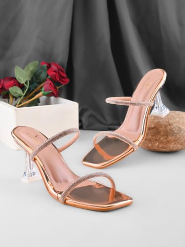 Image of XE Looks Women's Rhinestone Double Strap Slip-On Heeled Sandals with Transparent Sculpted Heel | Soft Cushioned Footbed | Elegant Open Square Toe Sandals for Girls & Women