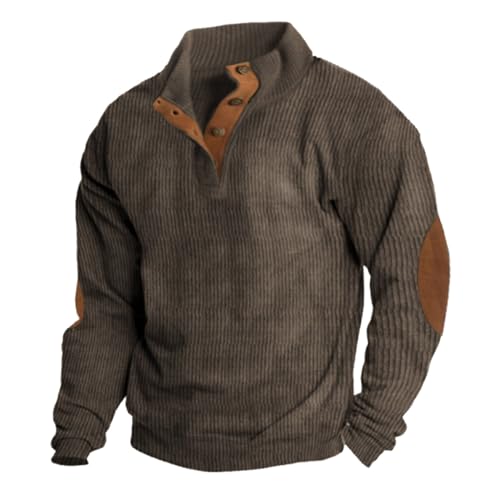 Cathalem Mens Corduroy Shirts Long Sleeve Button Up Stand Collar Casual Pullover Sweaters Polo Sweatshirts with Elbow Patches