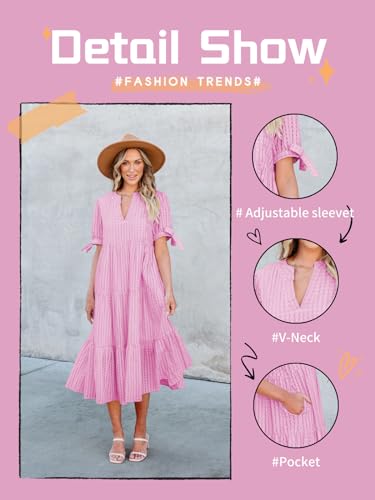 Image of Theenkoln Womens Casual Midi Dress: Short Sleeve V-Neck Empire Waist Gingham Spring Fashion Long Trendy Tiered Formal Dresses