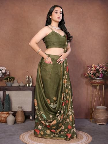 Image of SAMANTHA Black Floral Print Ready to Wear Linen Saree with Pocket & Adjustable Belt