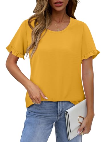 CRAZY GRID Women's Shirts Summer Casual Crewneck Ruffle Short Sleeve Blouses Cute Floral Print Tunic Tops