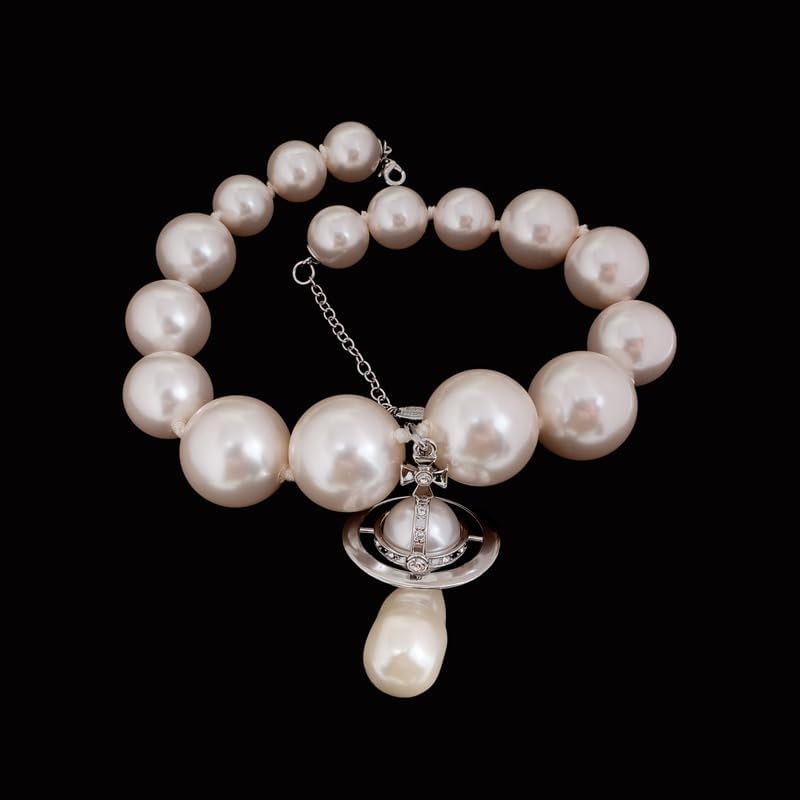 Pearl Necklaces of Saturn for Women - Punk Pearl Chain Saturn Pendant Necklace(Silver)