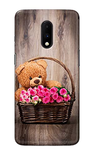 Image of PRINTFIDAA Roses and Teddy Bear in The Wicker Hard Back Cover for OnePlus 6T / OnePlus 7 Back Cover -(P6) KAT1004