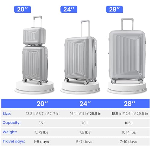 Luggage Sets, 4 Piece Suitcase Set 14/20/24/28 In, Expandable Carry On Luggage Set with Spinner Wheels, Hard Shell Lightweight Travel Luggage Sets With TSA Lock for Men Women (Silver)2