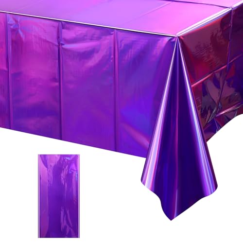 Image of FunnyPars 1 Pack Iridescent Purple Plastic Tablecloths, Shiny Disposable Laser Rectangle Table Covers, Foil Tablecloth Iridescent Party Decorations for Kpop Birthday Bridal Wedding Decor, 54x108 Inch