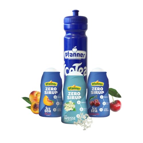 Pfanner Zero Sirup Probierpaket 3 × 57 ml + Pfanner Sportflasche GRATIS (1× Ice Tea Pfirsich, 1× Ice Tea Wildkirsche, 1× Der Weisse)